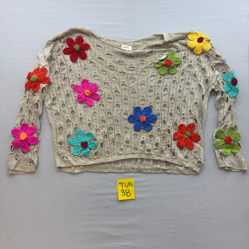 BiBi Crochet Flower Distressed Knit Sweater Beige Floral Boho Festival Top M